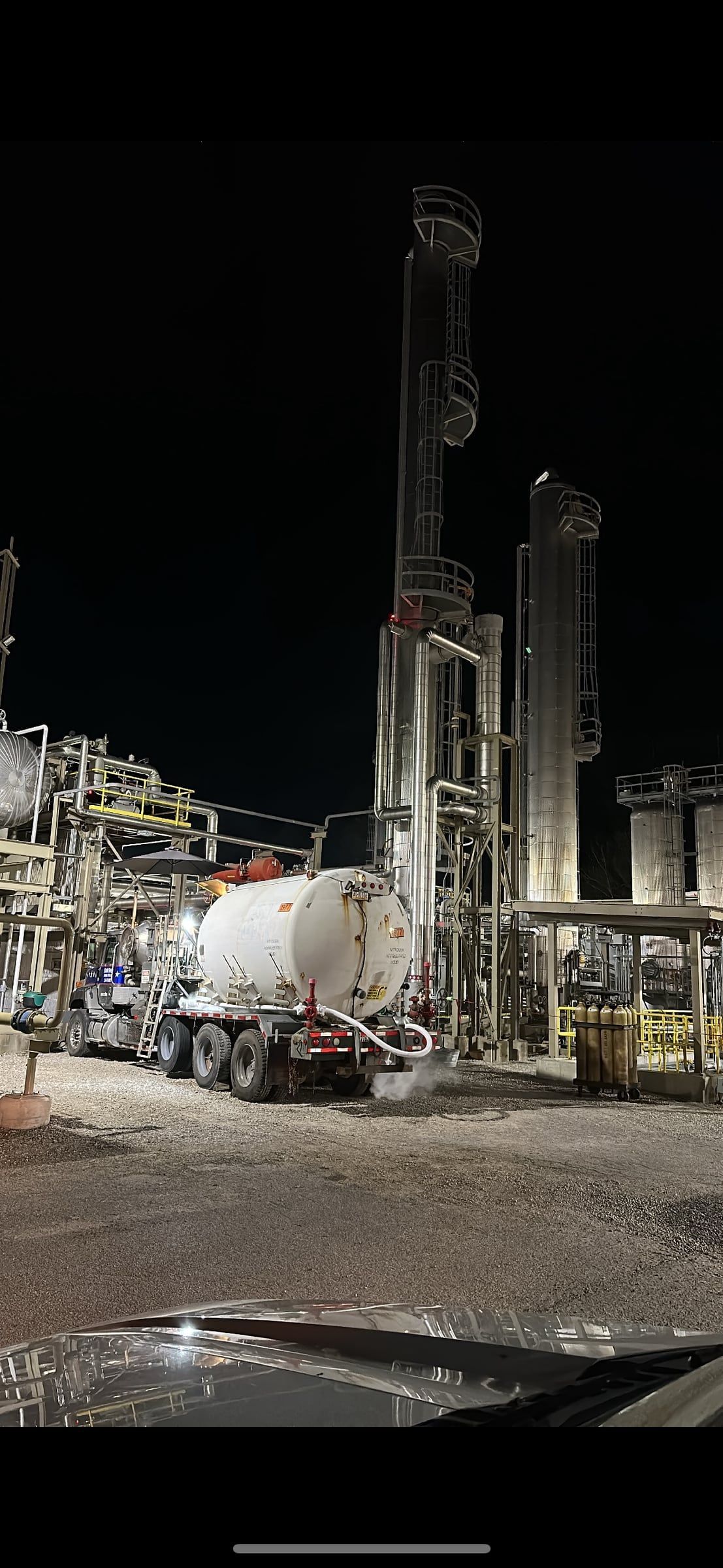 Cryogenic transport working at a plant at night